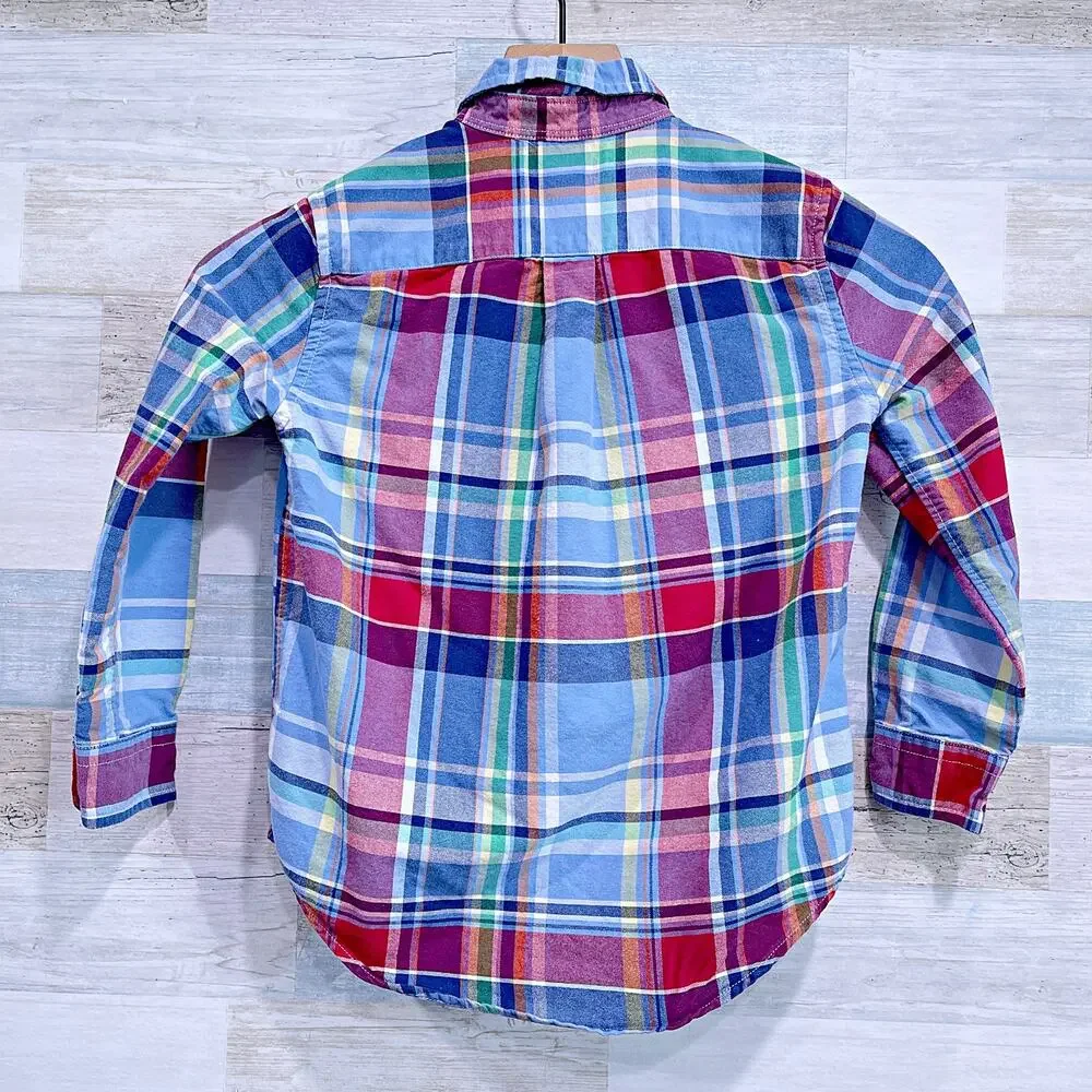 Ralph Lauren Long Sleeve Oxford Shirt Blue Red Plaid Button Up Cotton Boys 6